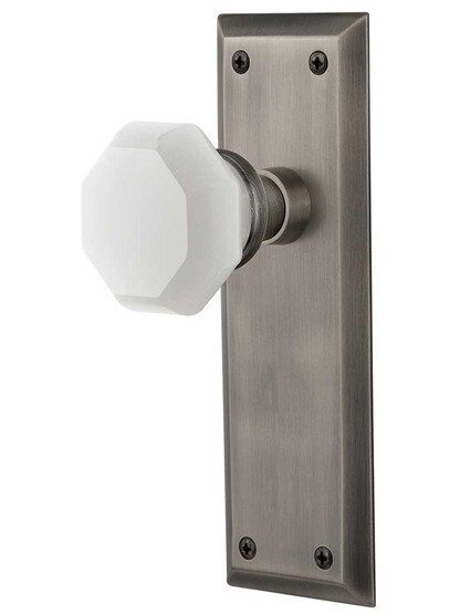 New York Door Set with Milk White Waldorf Crystal Glass Knobs in Antique Pewter.
